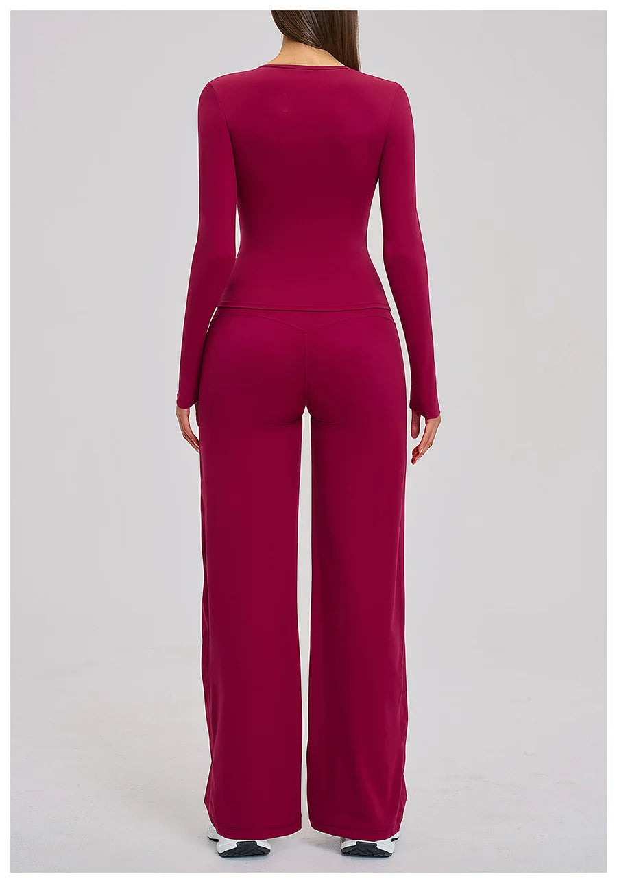 Yoga Set 2 Pieces Women Fitness Sportswear Gym Loose wide-leg pants Long-sleeved T-shirt Sports Crop Tops Tracksuit Workout Wear