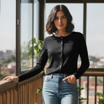 Women Fall Solid Color Ribbed Basic Tops Long Sleeve Button Closure Slim Fit T-shirt Streetwear for Casual Daily