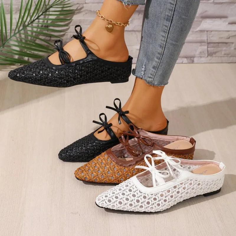 Comfortable Hollow Weave Women Mules Slippers Fashion Bow Decorative Brand Slide Sandals Elegant Non-slip Outdoor Beach Sandals
