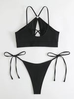 DEKA Women Solid Neck Hollow Bikini Set High Waist Bathing Suit Ladies Criss Cross Swimwear New Bikini Push Up Women Crop Top