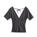Spring Korean Slim Fit Deep V Neck Tie-Up Clean Face Crop Top Short Sleeve Pullover T-Shirt Base Shirt Solid Color Fashion RM7O