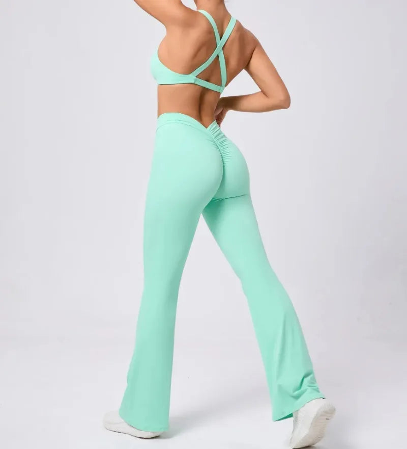 Women's Seamless Yoga Sets Brushed Fabric Flared Hip-Lifting Pants Cross Beauty Back Bra Suits Gym Workout Fitness Training Sets