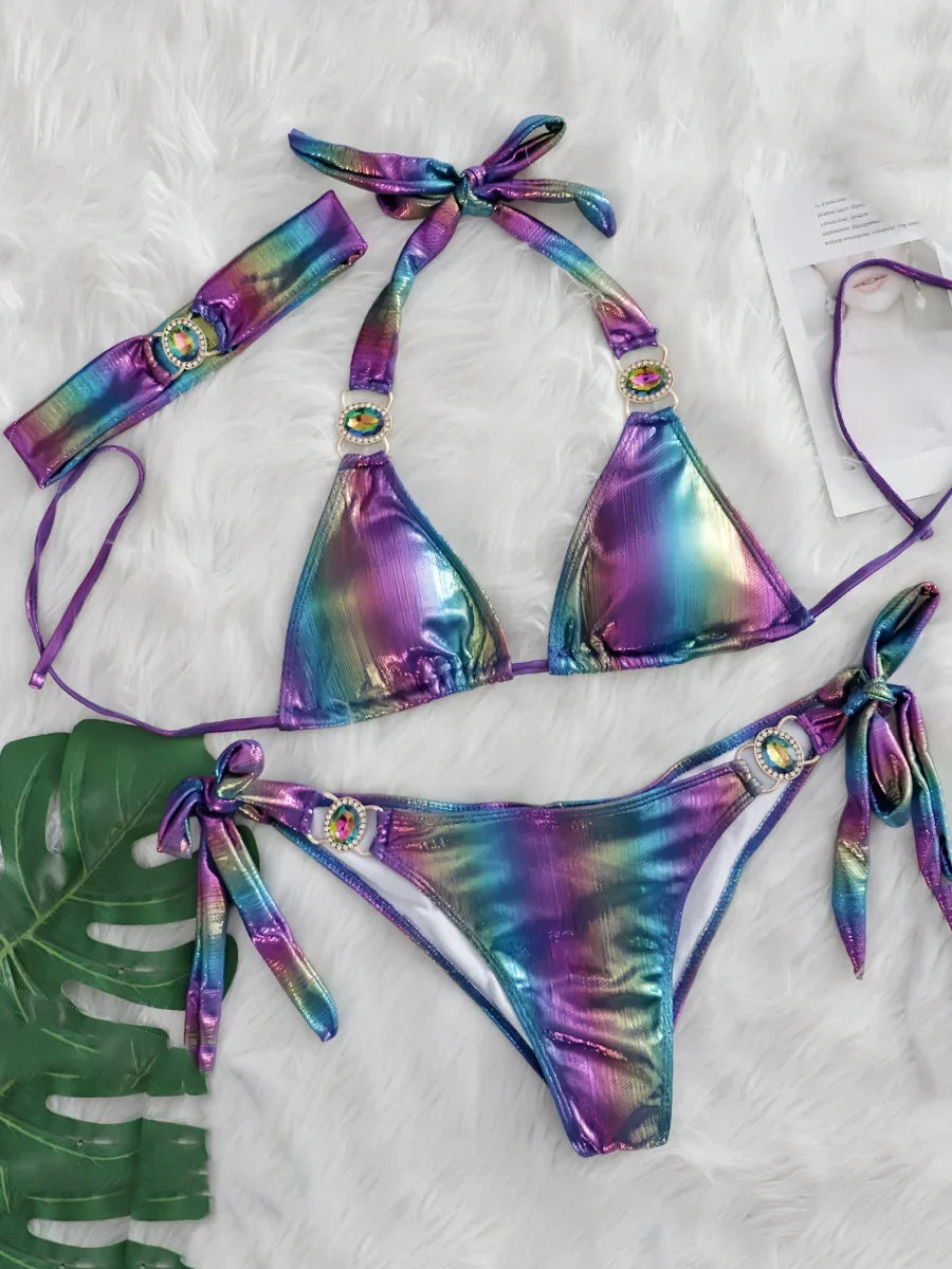 Halter Rhinestone Diamond Bikini Women Swimsuit Female Bikinis Metal Chain Swimwear Two Pieces Bikini Set Bathing Suit Swim Lady