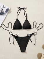 Women Bikini Set Solid Color Triangle Halter Neck Tie Side Two Piece Swimsuit Adjustable String Swimwear for Beach Vacation