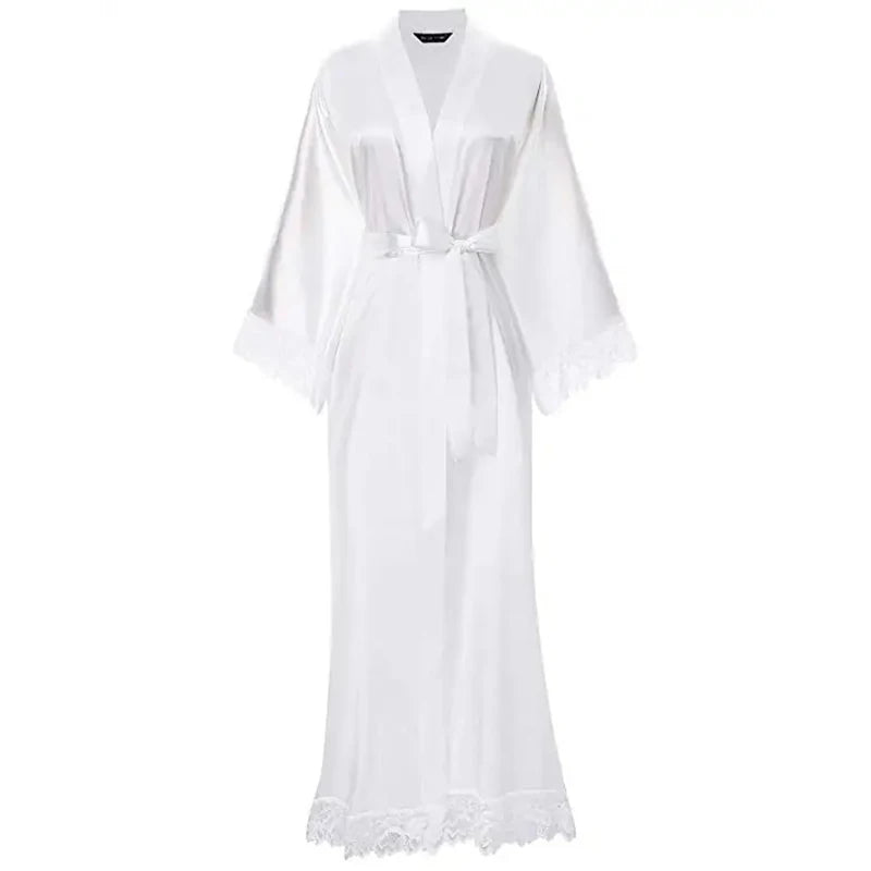 Summer Lace Patchwork Satin Kimono Robe Sexy Sleepwear Lingerie Chemises Women Silk Long Nightgown Wedding bridesmaid Robes