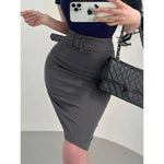 Korean Pure Desire Style Sexy OL High Waist Back Slit Mid Length Skirt Belt School Girl Uniform Fashion Women Mini Skirts UJR8