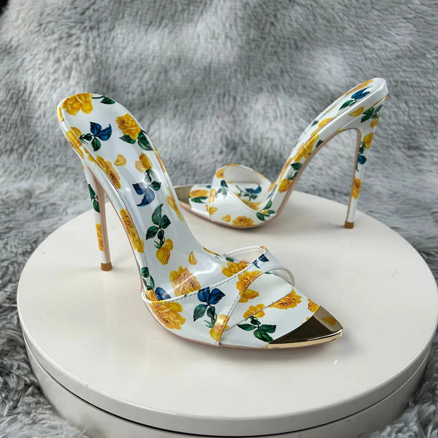 Sexy and fashionable printed slippers Shoes For Women's Sandals Summer Sexy Slippers Pointe Toe Thin Heels Stiletto Sandals12cm