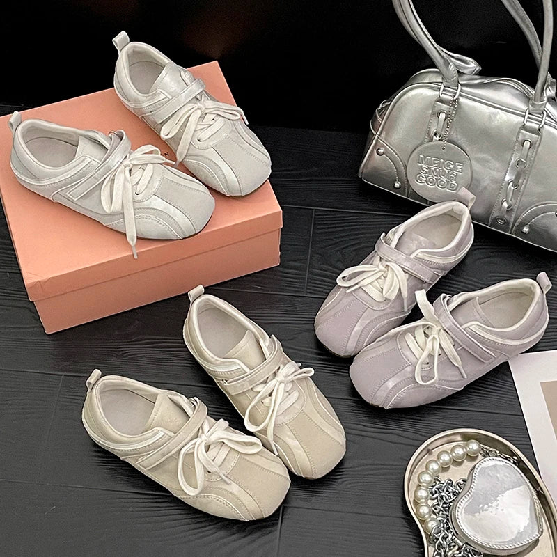 Women Ballet Style Flat Sneakers Dual Strap Decor Lace‑Up Soft Sole Lightweight Breathable Daily Casual Walking Fashion Shoes
