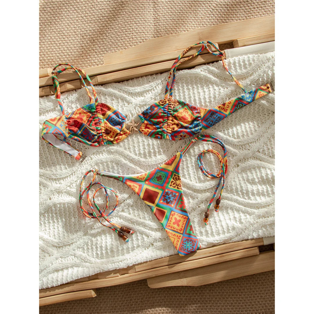 Printed Mini Micro Thong Bikini Women Swimwear Female Swimsuit High Leg Cut Bather Bathing Suit Swim Two-pieces Bikini set K8096