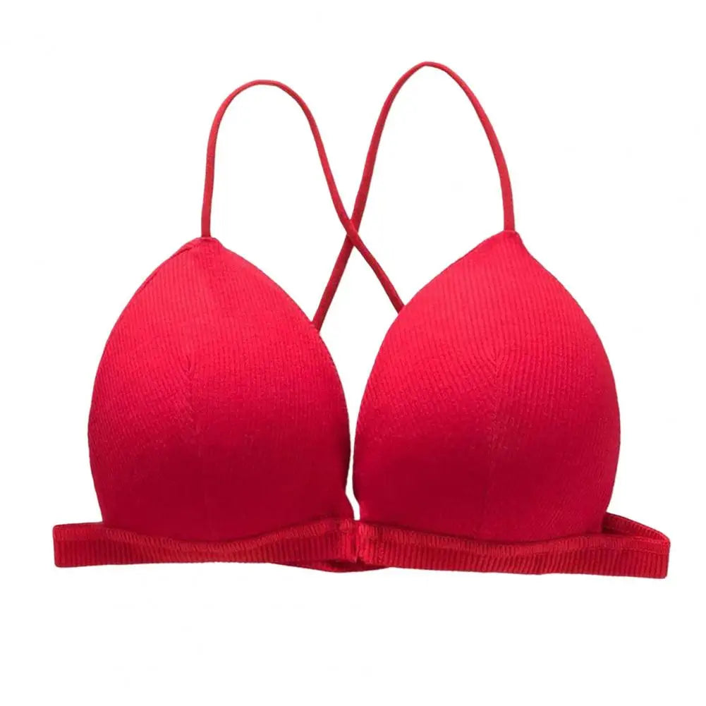 Women Simple Bra Triangle Cup Thin Straps Wrapping Chest Front Buckle Wireless Ribbed Bra Sexy Sports Cross Back Bra