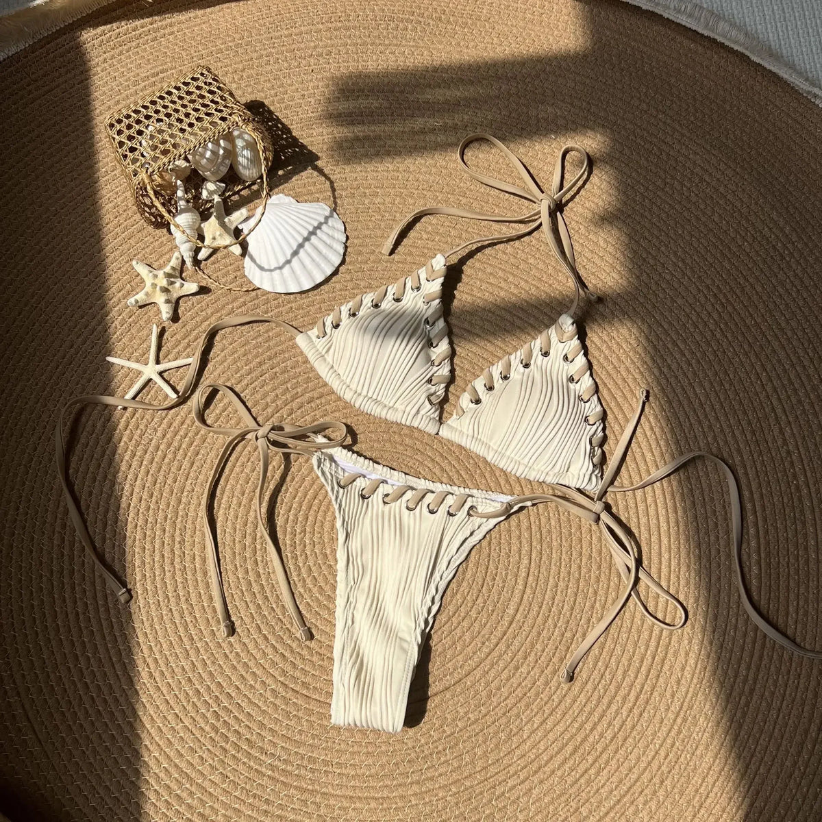 2025 Halter Wrinkled Weave Bikini Women Swimwear Female Swimsuit Two Pieces Bikini Set Brazilian Bathing Suit Swim Beach Wear