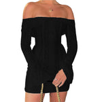Women Off Shoulder Mini Dress Flare Long Sleeve Lace Flower Bodycon Short Dress for Holiday Daily Club Sexy Dresses