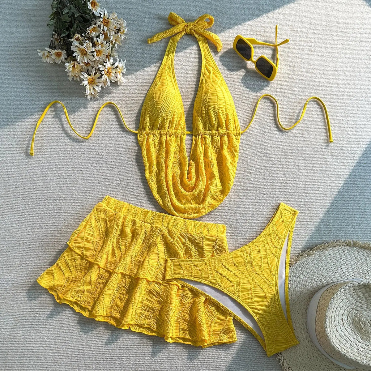 Sexy Yellow Push Up Tassel Crop Top High Waist Swimsuit Swimwear Women Beach Holiday Bathing Suit Skirt 3 Piece Bikini Set 2026