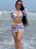 Long Sleeve Printed Halter Bikini Female Swimsuit Women Swimwear Four-pieces Bikini Set with Mesh Skirt Bathing Suit Beach Wear