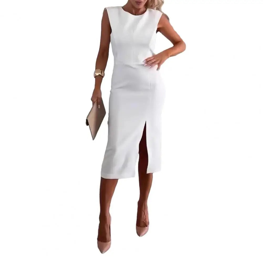 Summer Women Dress Sleeveless Round Neck Slim Fit Dress with Slit Design Midi Dress Women's Clothing Evening Party Clubwear