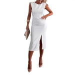 Summer Women Dress Sleeveless Round Neck Slim Fit Dress with Slit Design Midi Dress Women's Clothing Evening Party Clubwear