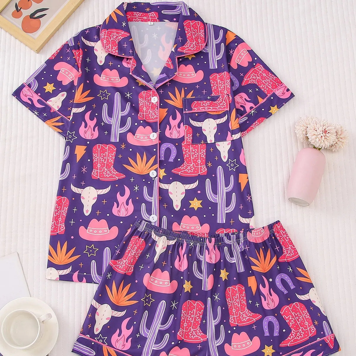 Women Halloween Print Pajama Set Turn‑down Collar Short Sleeve Button Down Shirt + Shorts Sleepwear Ladies Home Loungewear Suit