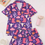 Women Halloween Print Pajama Set Turn‑down Collar Short Sleeve Button Down Shirt + Shorts Sleepwear Ladies Home Loungewear Suit