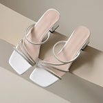 Women Square Toe Rhinestone Cross‑Strap Block Heel Slide Mules Open Toe Slip‑On Dress Party Wedding Heeled Slippers Large Size
