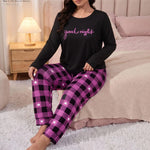 Women Plus Size Milk Silk Pajama Set Plaid Letter Print Long Sleeve Autumn Winter Ladies Casual Home Sleepwear