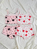 Women Heart Print Ribbed Pajama Set Sleeveless Cami Top and Ruffle Shorts Summer Two Piece Loungewear Sleepwear