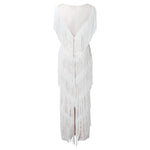 Womens Deep V Midi Fringed Dresses Sleeveless Pencil Party Solid Elegant Sexy Skirt Long Dresses Evening Party Mujer