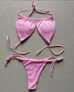 Summer Sexy Bikini set Push-up padded Bra Thong Split Swimwear Female Bandage Bathing Suit Adjustable Lacing Swimsuit Solid