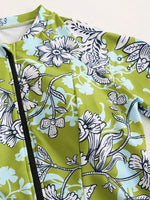 Vintage Green Leaves Print One Piece Swimsuit Long Skirt Sets Women Long Sleeve Zipper Slim Fit Bathing Suit Surf Swimwear 2026