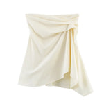 Women's Fashionable Casual Pleated Tube Top Beige Twist Design Strapless Mini Skirt For Women Summer Party Wear Skirt Charm 11AX