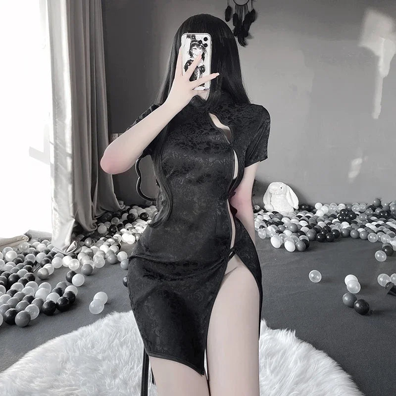 China Cheongsam Anime Sexy Lingerie Women Qipao Dress Costumes Cosplay Role Play Charming Side Open Design Porno Outfits