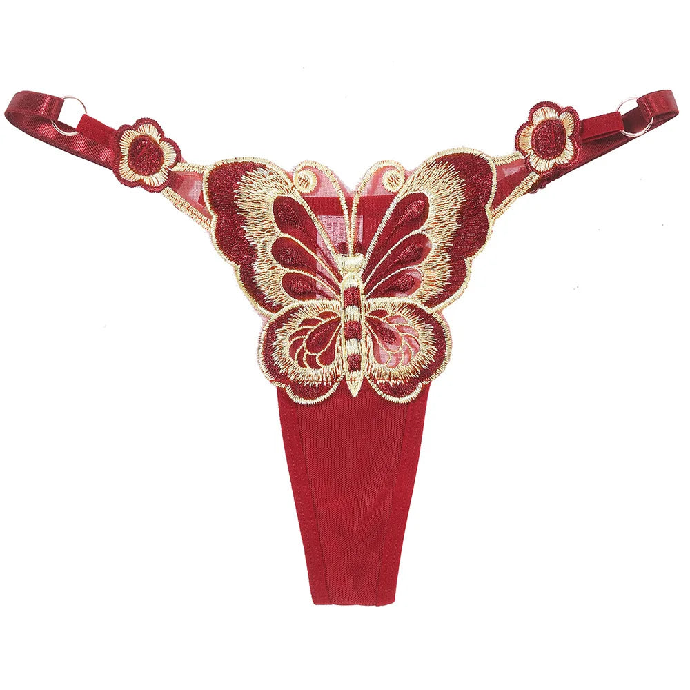 Butterfly Lace Thong for Women Low Waist G-String Transparent Mesh Panties Sexy Embroidered Briefs Adjustable Waist Culotte Femm