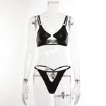 Toucheart Sexy Hollow Out Halter Chain Lingeries Bra Set Exotic Glossy Pu Leather Set Underwear For Women Bra Set Sexy Lingerie