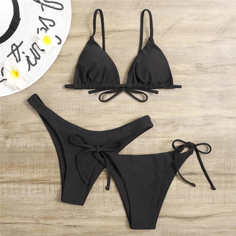 Sexy 3 Piece Bikini Set Women Solid Blue Purple Push Up Bandage Triangle Swimsuit Brazilian Beach Bathing Suit Swumwear Biquini