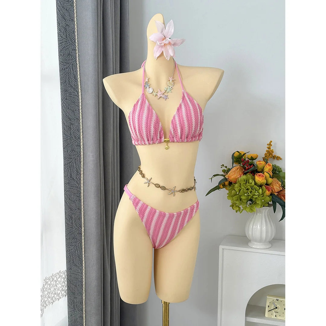 With Pants Striped Halter Bikini Female Swimsuit Women Swimwear Three-Pieces Bikini Set Brazilian Bather Bathing Suit Swim V7838