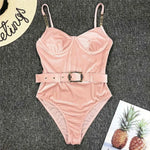Ribbed Push up Underwired Metal Chain Women Swimwear One Piece Swimsuit Female Waist Belt Monokini Bather Bathing Suit Swim Lady
