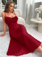 Women White Lace Ruffle Spaghetti Strap Midi Dress Ruched Flowy Wedding Guest Evening Party Dress