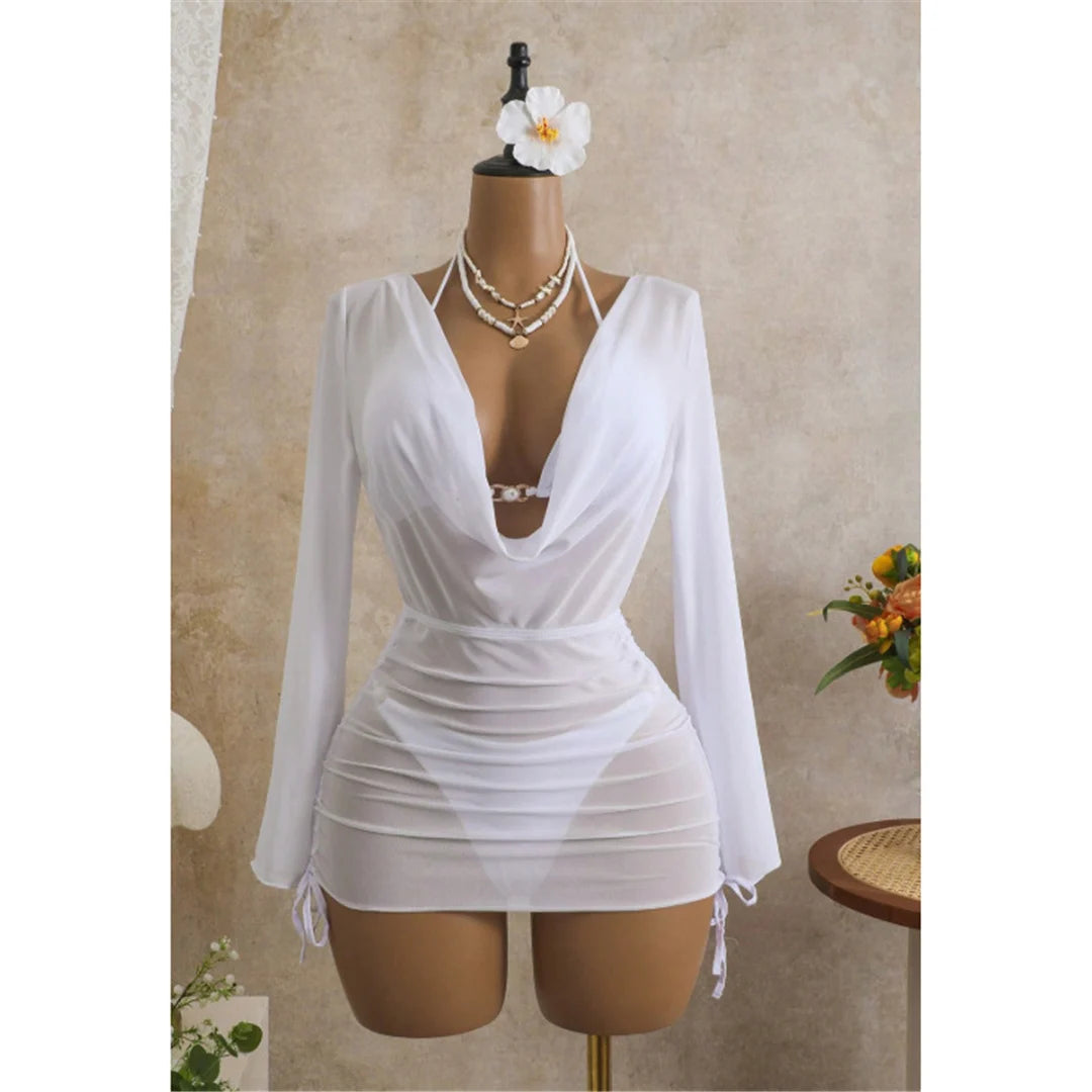 S - XL 3PCS With Long Sleeve Dress Bikini Women Swimwear Female Swimsuit Three-pieces Bikini Set Bather Bathing Suit Swim V7757