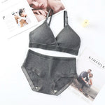 Women Padded Bra And Panties Set Low Waist Briefs Wire Free Bra Female Solid Color Underwear Sexy Lingerie Set One Size