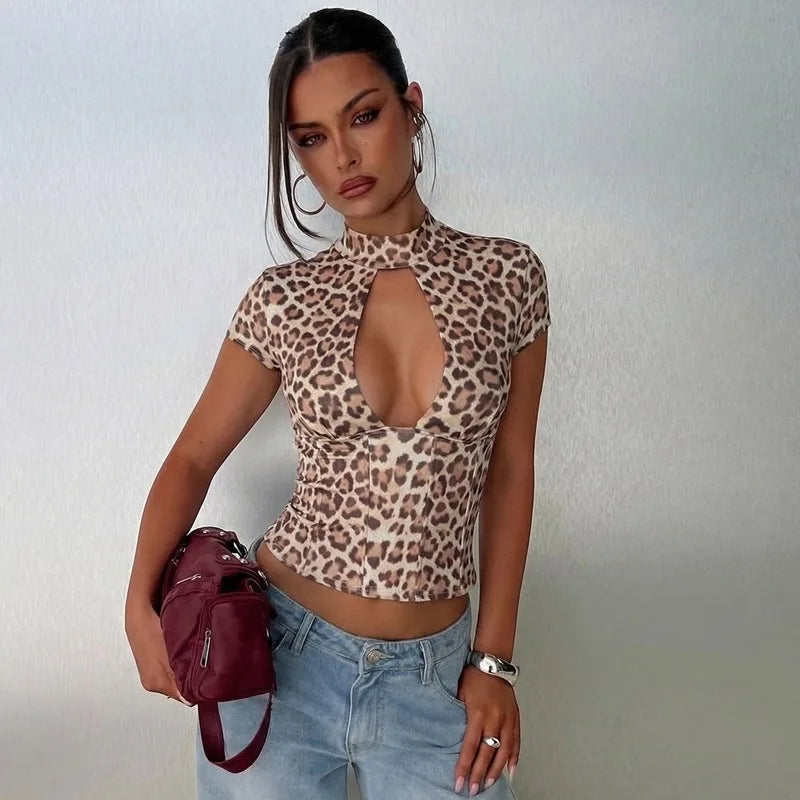FDYOUI 2026 Summer Hollow Out Backless T-shirts Women's Sexy Short Sleeve Leopard Print Tee Shirt Lady Slim Crop Tops Streetwear