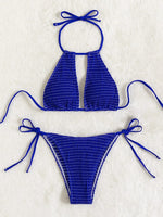 2025 Halter Tie Side Hollow Out Smocked Bikini Women Swimsuit Female Swimwear Two Pieces Bikini Set Swim Bathing Suit Beach Wear