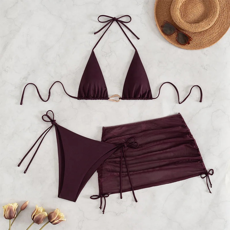 Sexy Wine Red String Bikini 2026 Women Three Pieces Swimsuit Brazilian Swimwear Female Beachwear Thong Bathing Suit Mini Biquini
