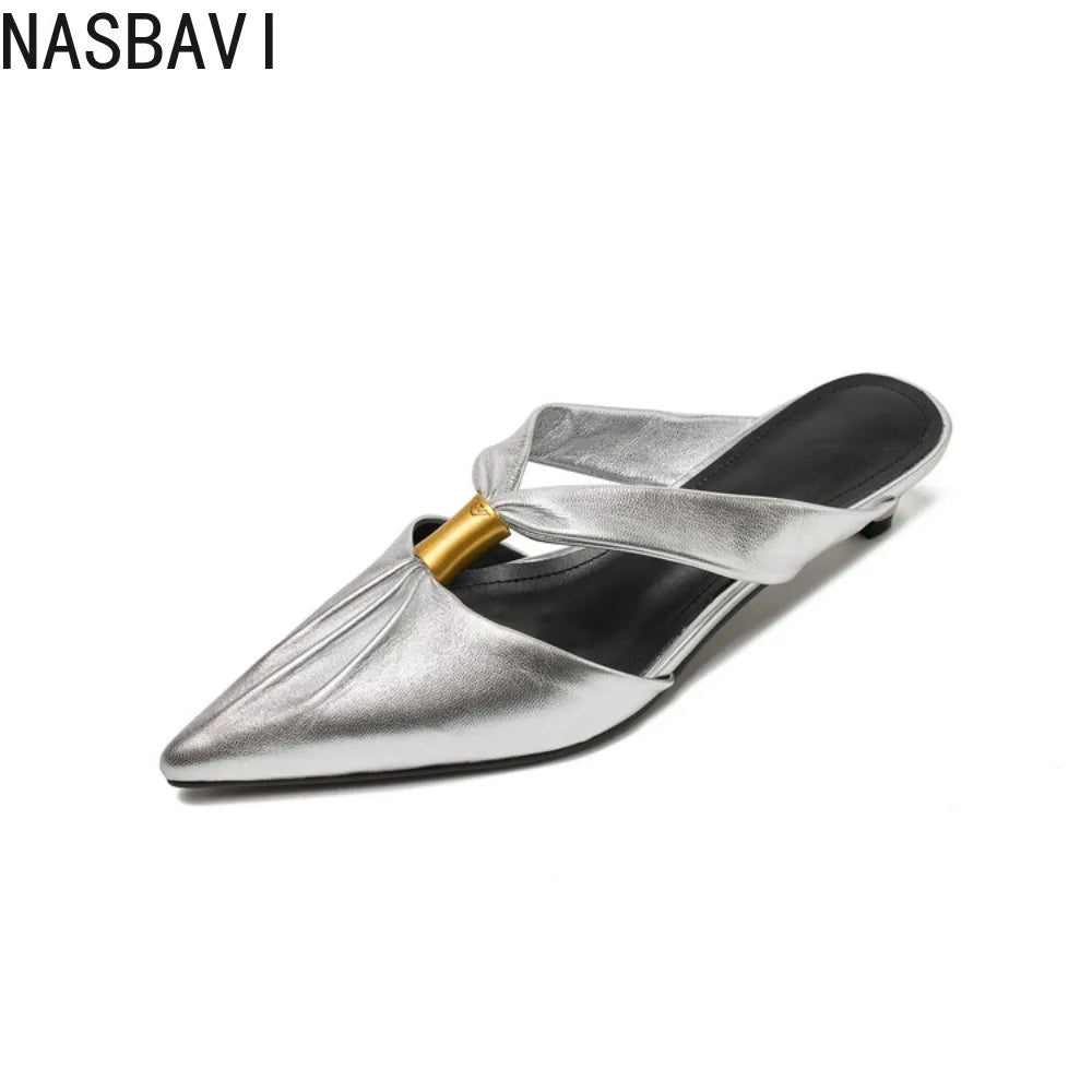 2026 Summer New Brand Women Slipper Fashion Pointed Toe Slip On Slides Low Heel Ladies Elegant Mules Sandals Top qualityGold