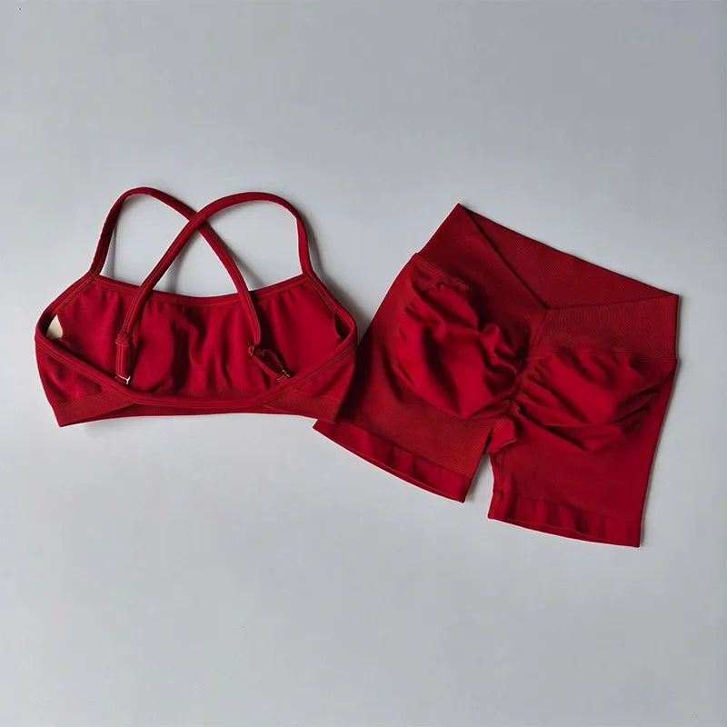 Seamless 2PCS Leggings Set Women Seamless Yoga Set High Waist Scrunch Butt Shorts With Halter Sports Bras Workout Gym Suit Set