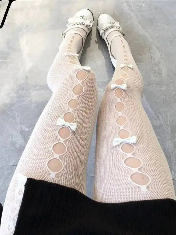 Lolita Bowknot Fishnet Stockings For Women Charming JK Fishnet Stockings White Pantyhose Sexy Hollow Out Pantyhose Elegant SC2U