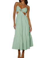 Spaghetti Strap Vacation Long Dress For Women Summer 2025 Fashion Elegant Sleeveless Backless Hollow Out Vestidos Party Dresses