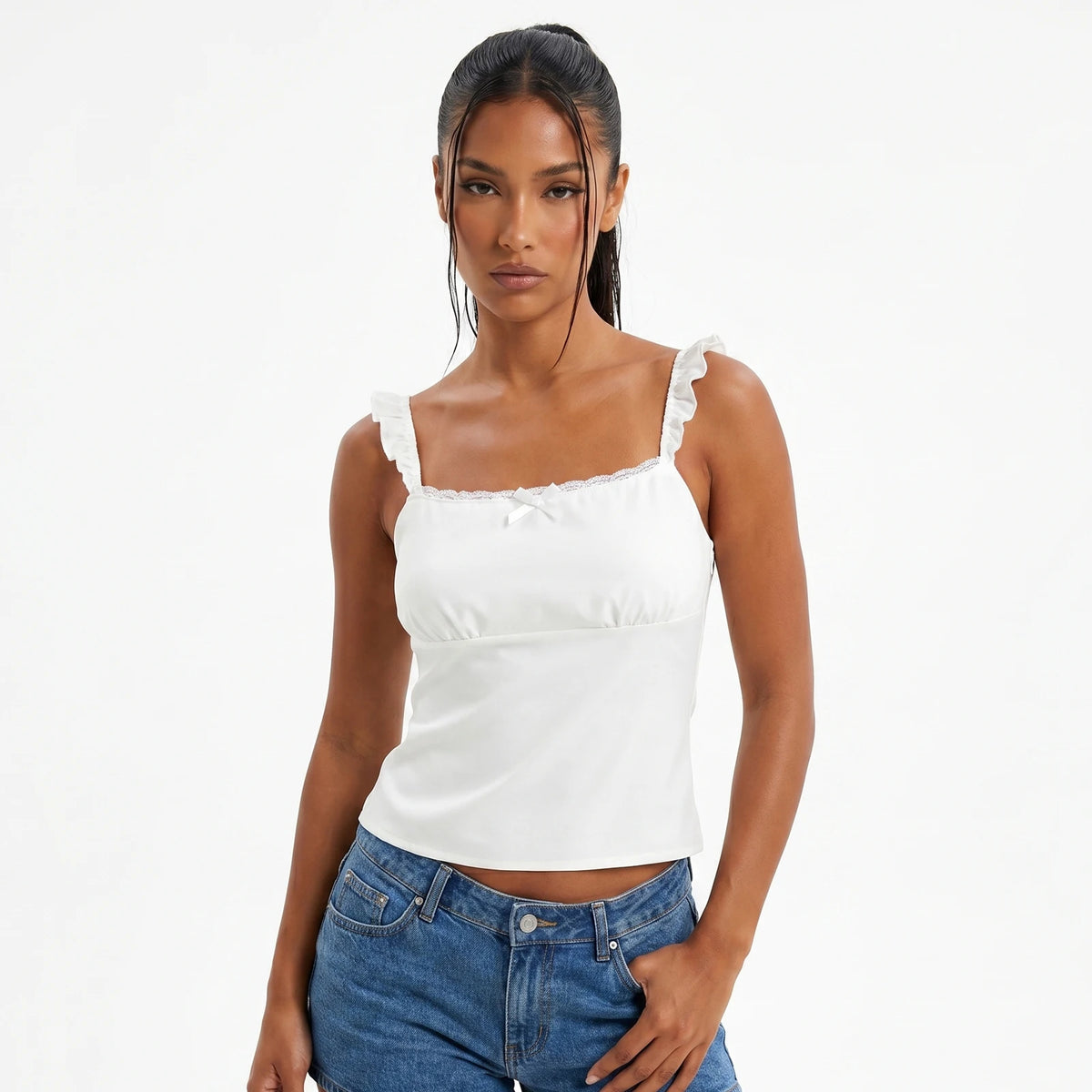 Women Solid Color Lace Trim Cami Tops Slim Flying Sleeve Square Neck Open Back Crop Tops Trendy Summer Streetwear