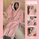 Thicken Flannel Cartoon Female Long Robe Hooded Nightgown Autumn Winter Sleepwear Home Clothes Loose Coral Fleece Warm Nightwear