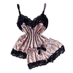 Summer Velvet Pyjamas Set for Women Sleepwear Sleeveless Straps Nightwear Lace Trim Cami Top and Shorts Sets Sexy Lingerie