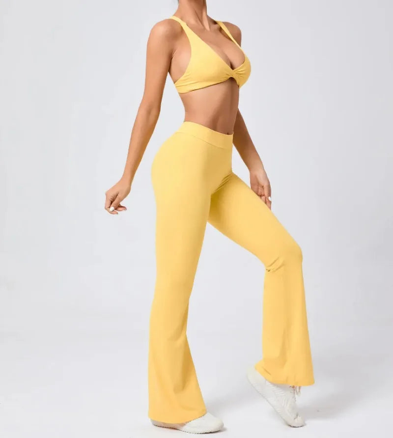 Women's Seamless Yoga Sets Brushed Fabric Flared Hip-Lifting Pants Cross Beauty Back Bra Suits Gym Workout Fitness Training Sets