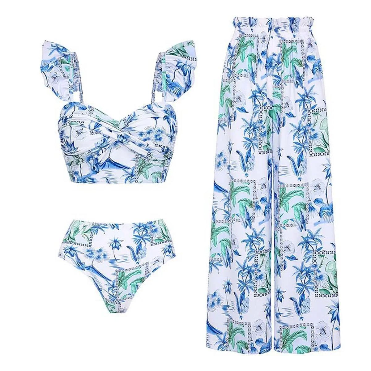 2024 Women Swimwear 2PC Cover-up Swimsuit Ruffle Solid Printed Deep V One-piece Monokini Kimono Bikini Suit Summer Beachwear